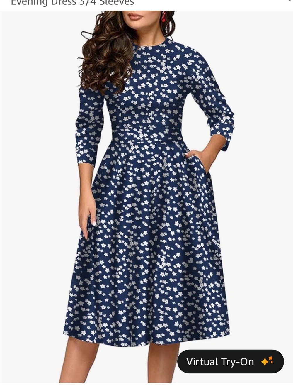 Navy Blue Floral Fit-and-Flare Dress